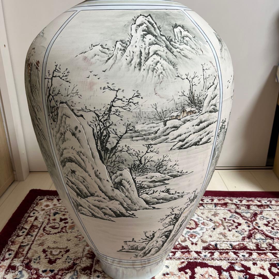 四季山水画装飾の陶器花瓶　白磁韓国　MONSTER 骨董品　美術品　限定品