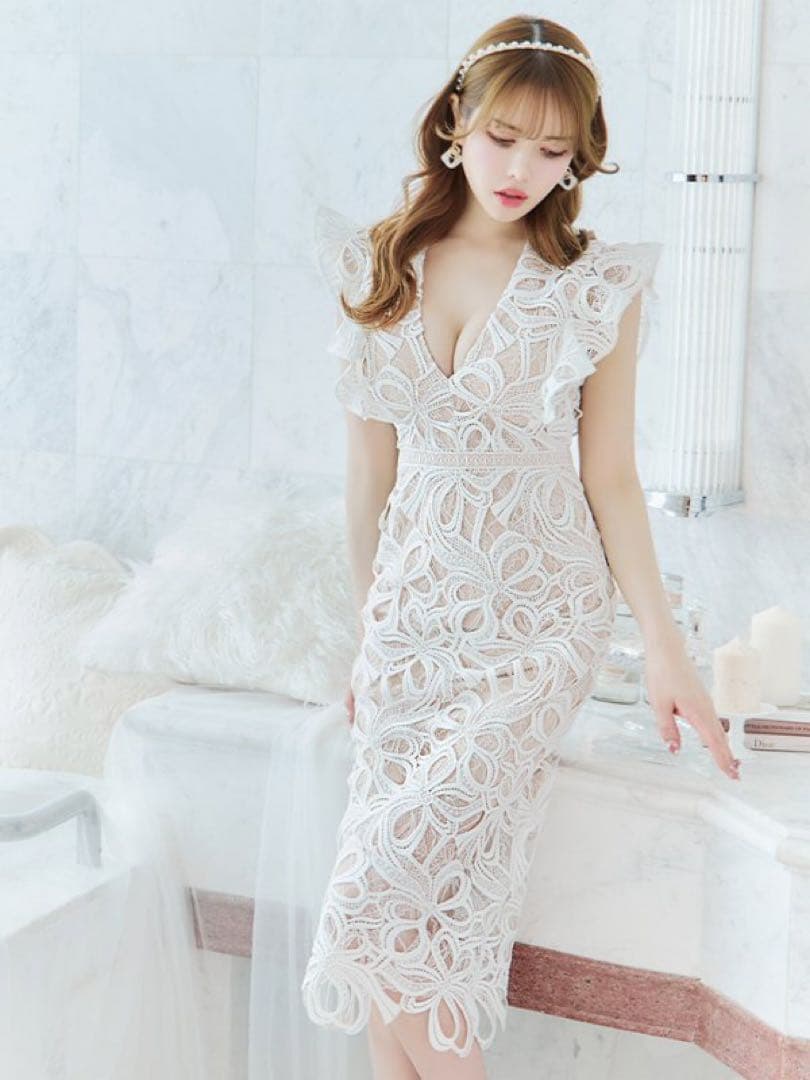 キャバドレス ERUKEI ケミカルレース Vネック タイトミディアムドレス