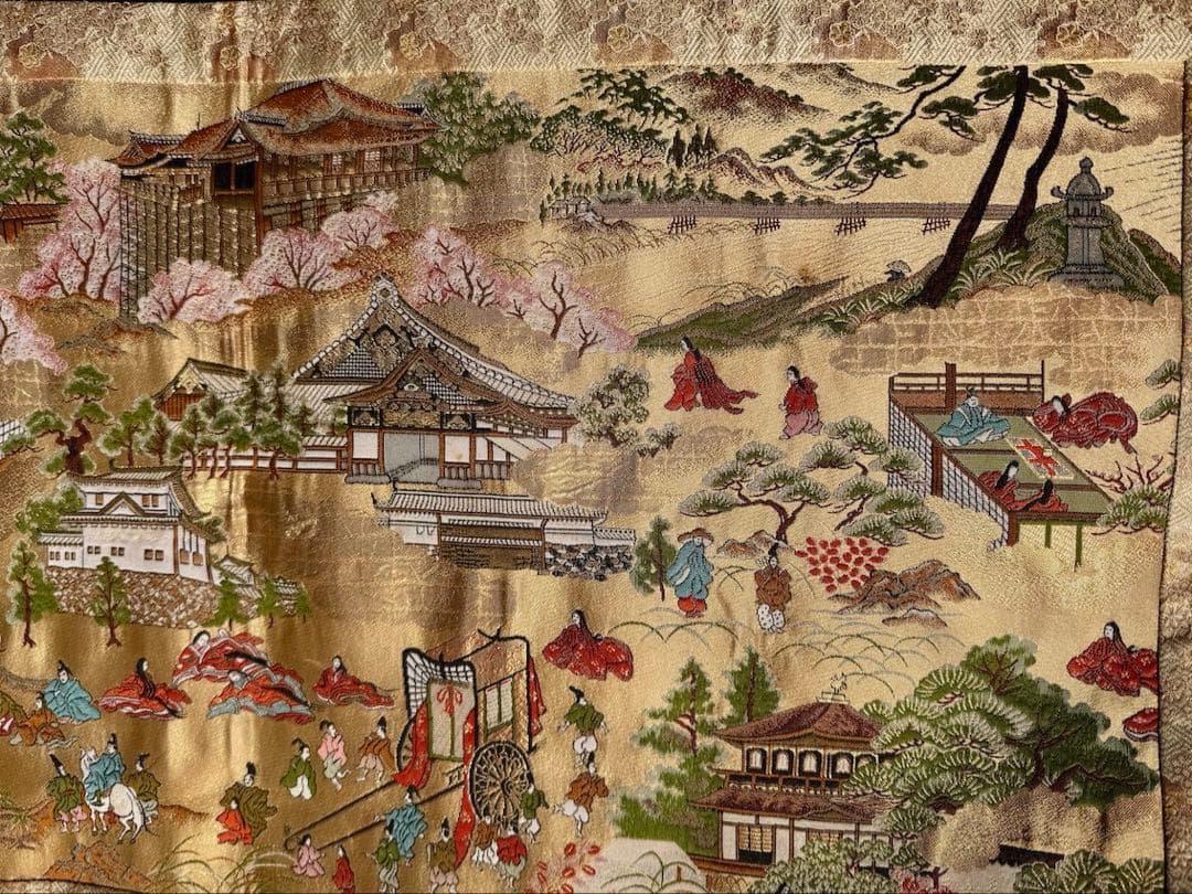 京都　美しい西陣織　絹タペストリー　日本の伝統刺繍　染織布　伝統工芸　シルク
