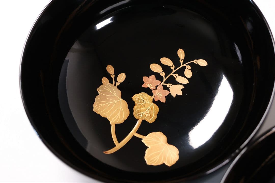 【CM397】天然木漆塗 菊桐鳳凰金蒔絵 黒塗 煮物椀 二客 昭和期 木製漆器