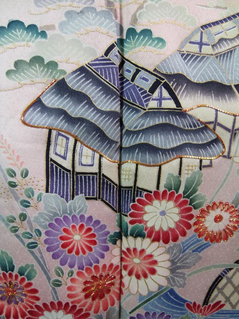 豪華3点セット友禅振袖／茶屋辻文様＊金駒刺繍＊古典風景文様／袋帯・長襦袢付き