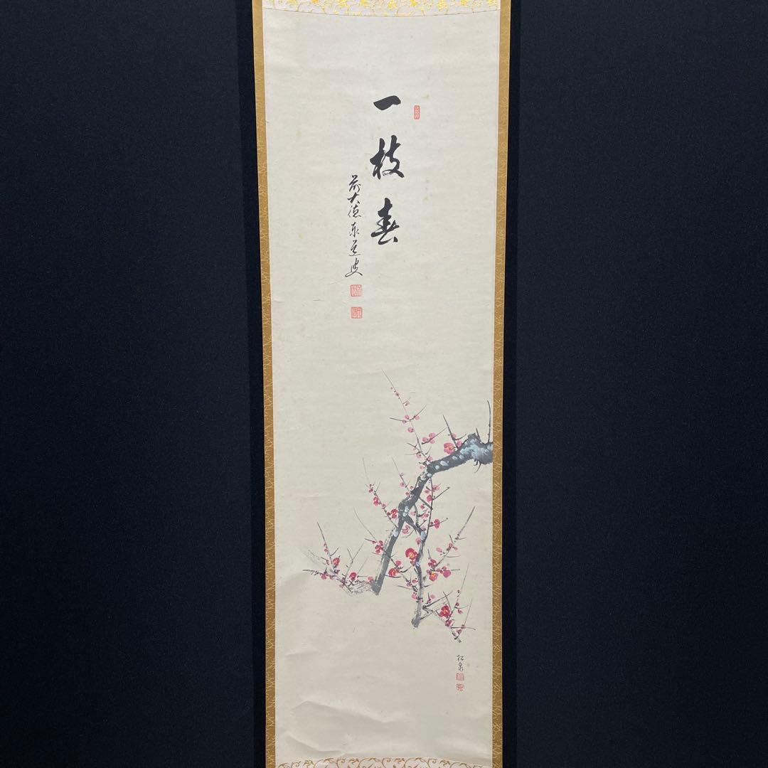 3992 泰道 「一枝春 紅梅」 共箱 肉筆 紙本 掛軸 臨済宗 大徳寺 禅語