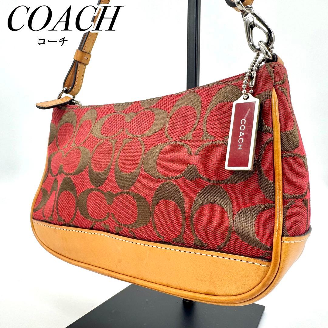 ✨美品✨COACH アクセサリーポーチ ミニバッグ キャンバス レザー レッド