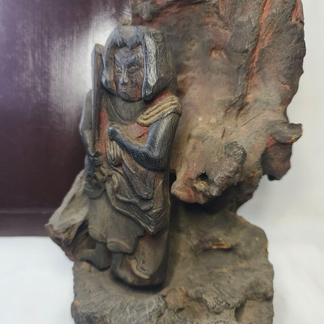 不動明王像 木彫り 樹根彫り光背 江戸骨董 桐箱付 仏教美術 アンティーク