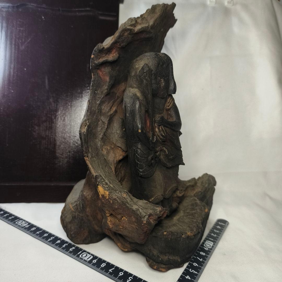 不動明王像 木彫り 樹根彫り光背 江戸骨董 桐箱付 仏教美術 アンティーク