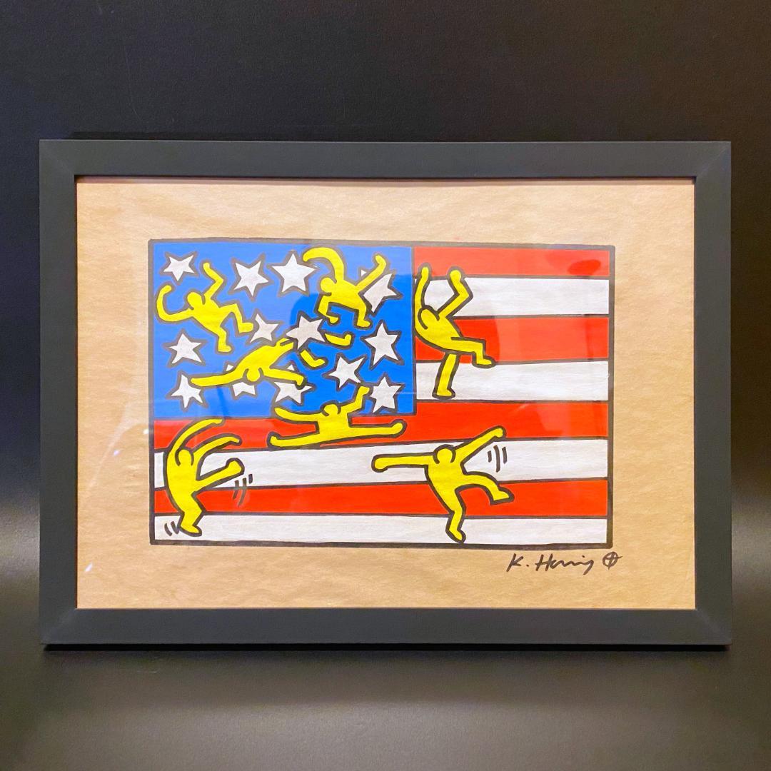 【模写】キース・ヘリング ドローイング 水彩 手描き サイン・スタンプ入 額装済