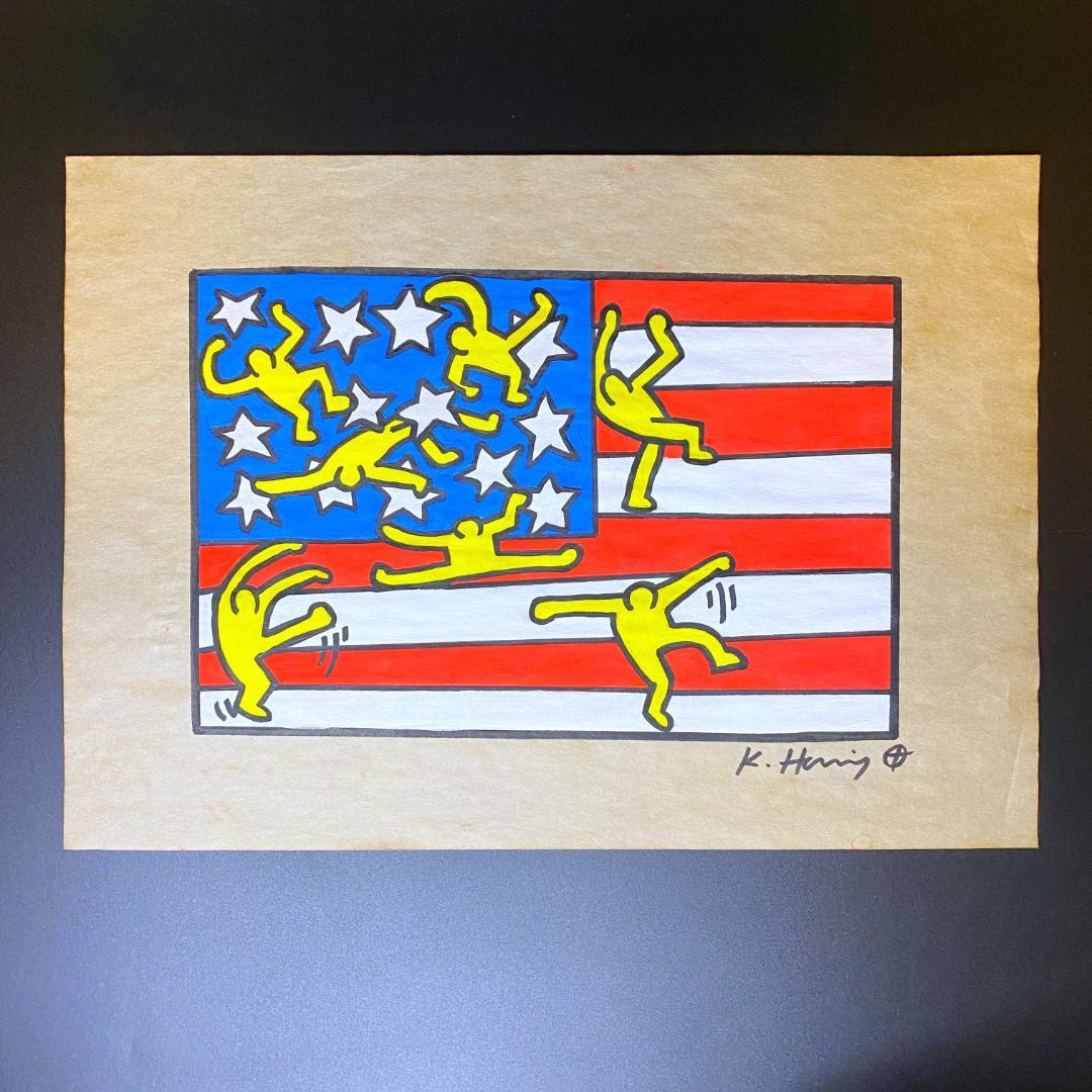 【模写】キース・ヘリング ドローイング 水彩 手描き サイン・スタンプ入 額装済