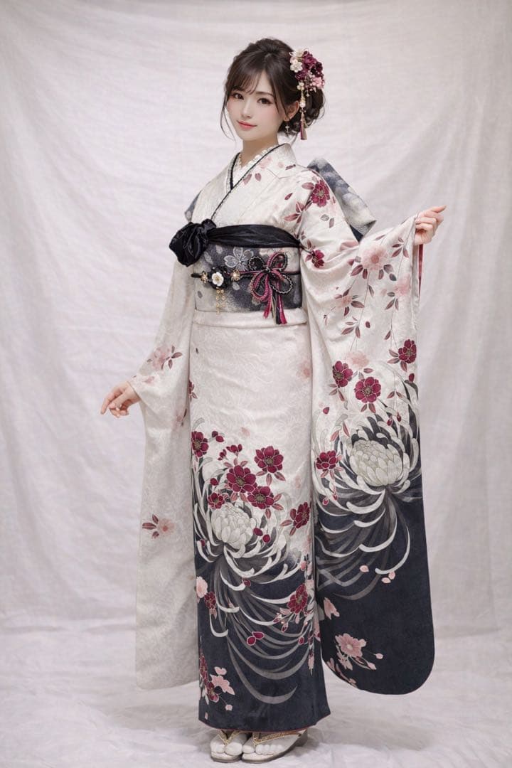 振袖 白と黒の花柄　振袖 成人式　振袖7点セット　振袖フルセット