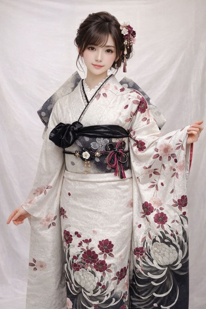 振袖 白と黒の花柄　振袖 成人式　振袖7点セット　振袖フルセット