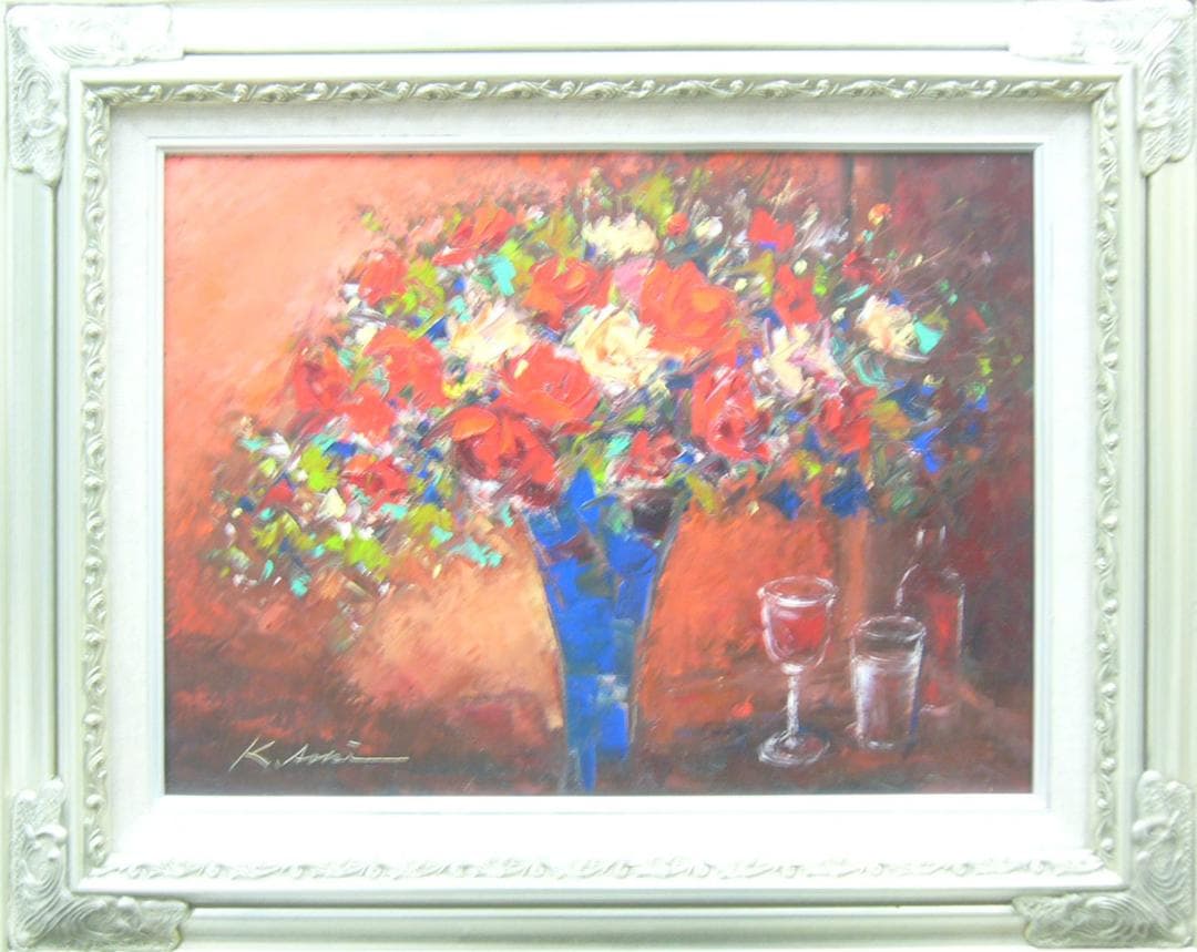 絵画 油絵 青木今陽 肉筆油絵 花瓶いっぱいの花々