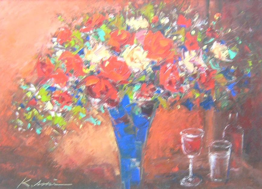 絵画 油絵 青木今陽 肉筆油絵 花瓶いっぱいの花々