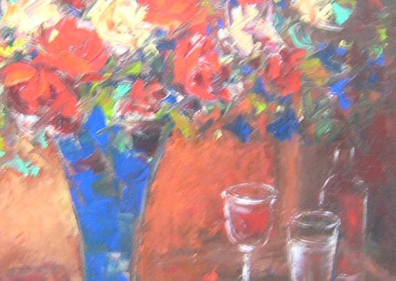 絵画 油絵 青木今陽 肉筆油絵 花瓶いっぱいの花々