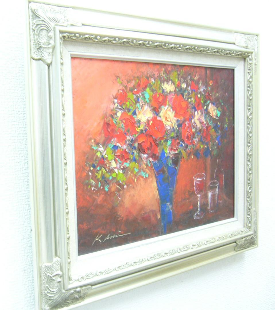 絵画 油絵 青木今陽 肉筆油絵 花瓶いっぱいの花々