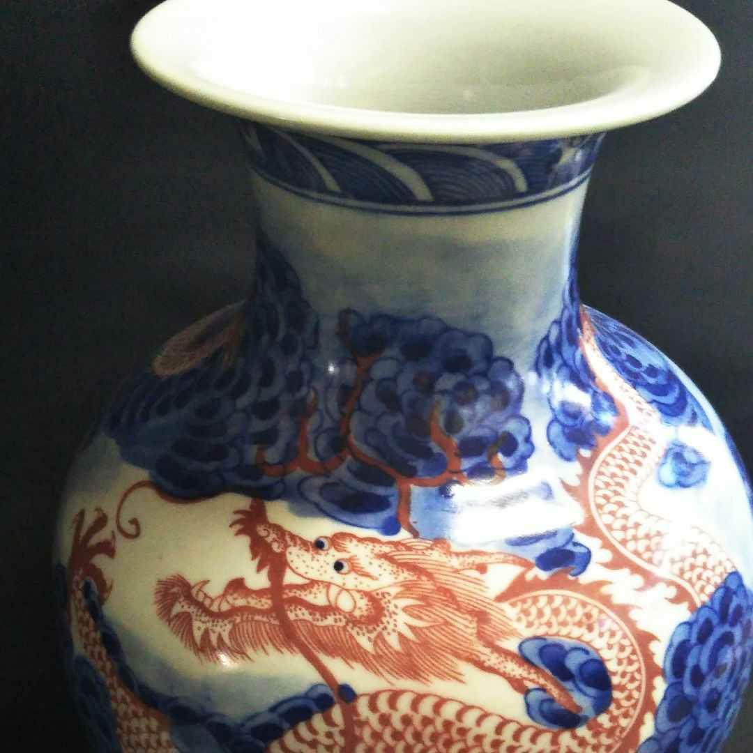 ※中国古美術/青花釉裏紅赤龍紋瓶(底款:大清康熈年製)保存箱付/