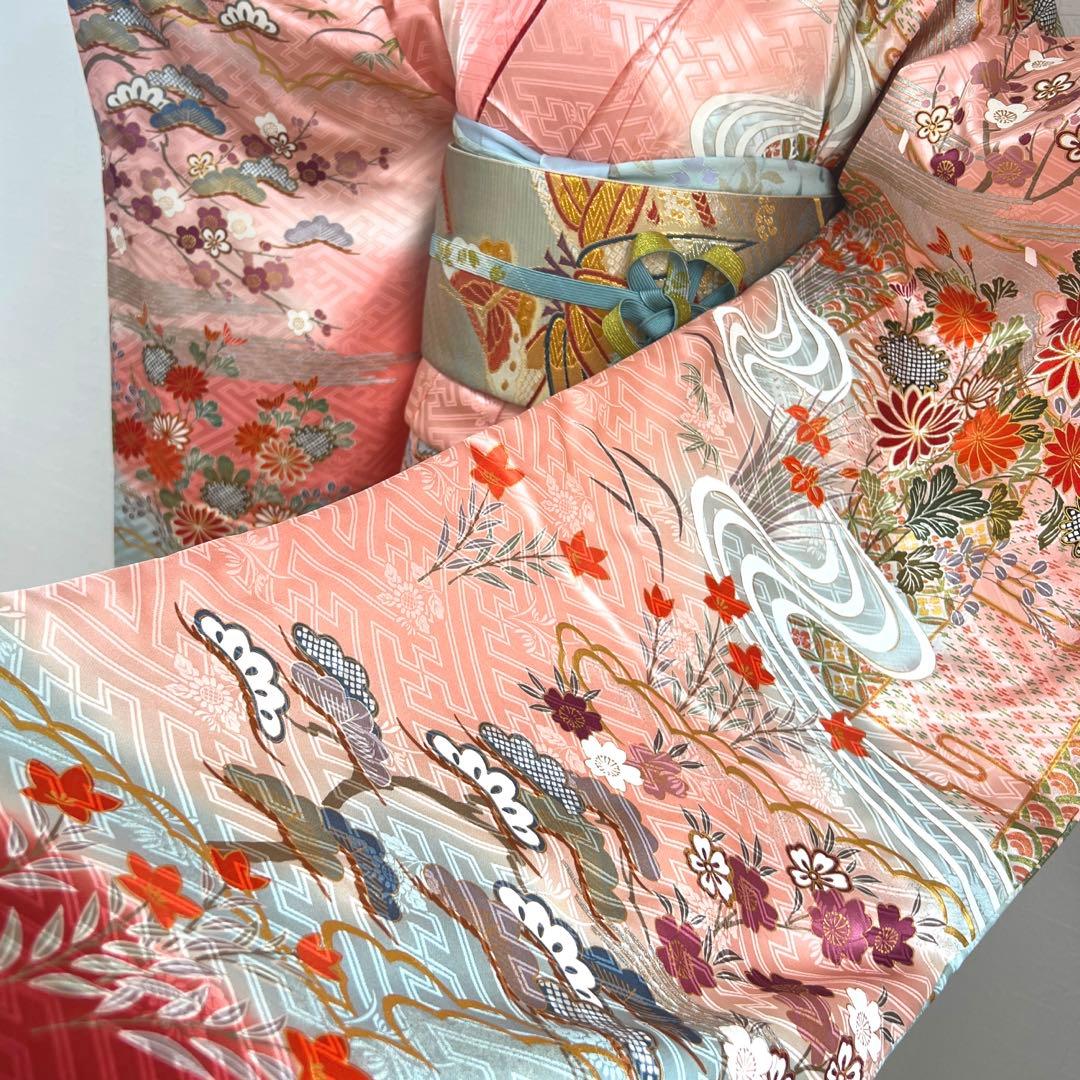 460 振袖のみ 正絹 コーラルピンク 桃 赤 金彩 駒刺繍 暈し染め