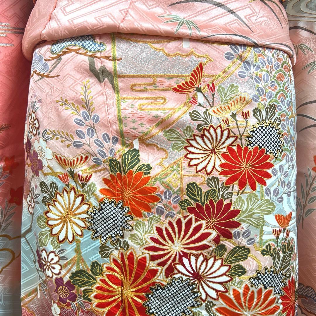 460 振袖のみ 正絹 コーラルピンク 桃 赤 金彩 駒刺繍 暈し染め