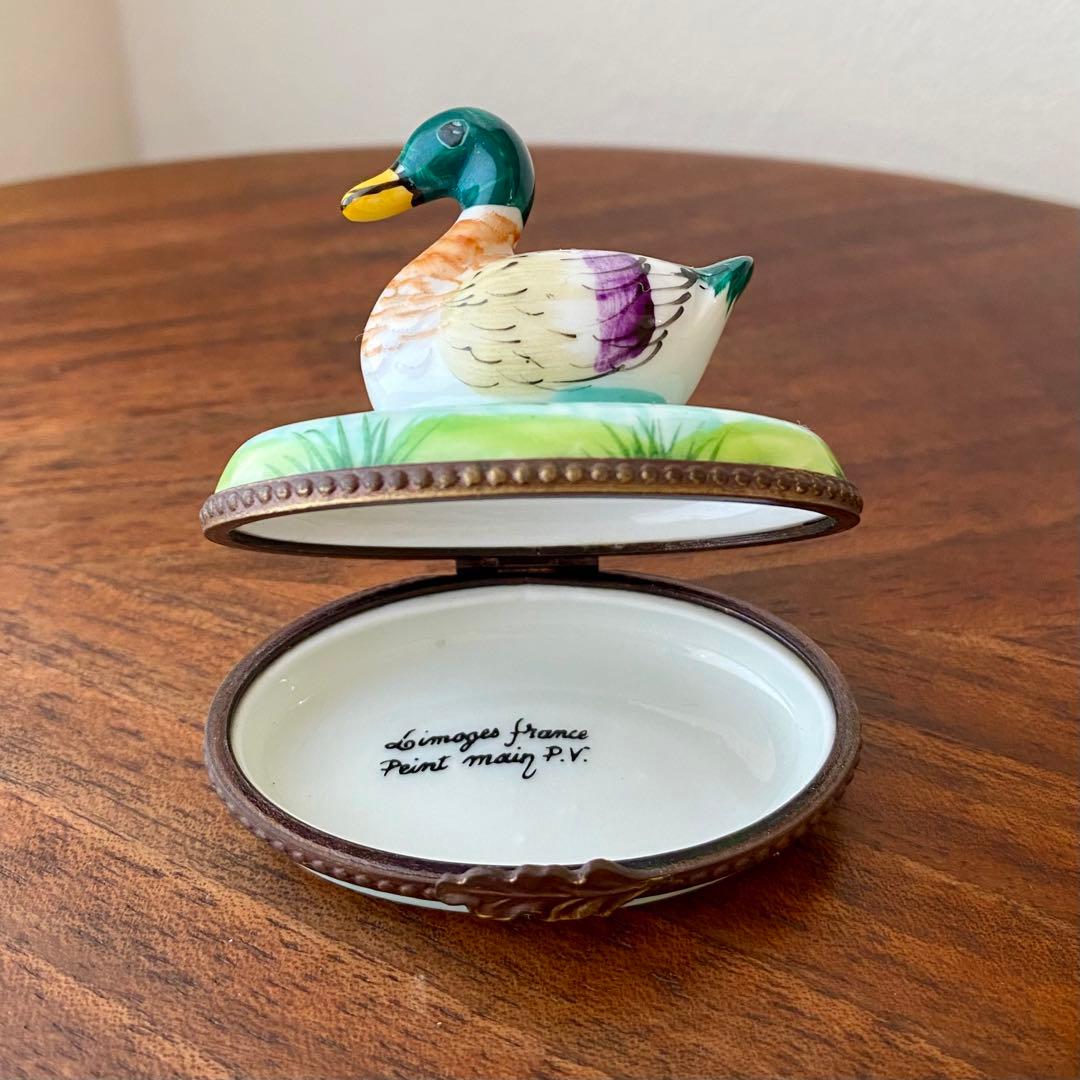 フランス ヴィンテージ リモージュ 手描 鴨 フィギュリン 小物入 ピルケース