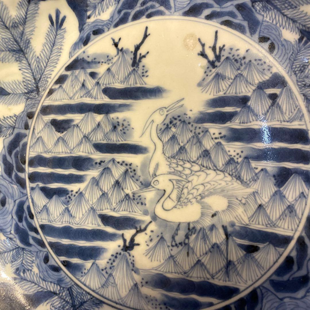 芙蓉手　鷺　大皿　青絵