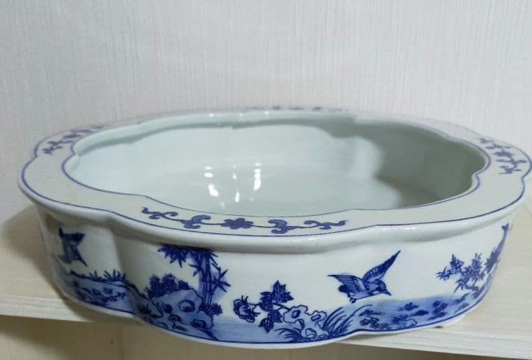 セール中✨中国工芸　染付青花磁器　花鳥水鉢（ 大）睡蓮鉢　花丸型　う