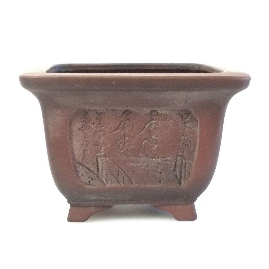 常滑焼 盆栽鉢 朱泥彫東海道五十三次図外縁額入下帯段足正方鉢 平田美芸作T477