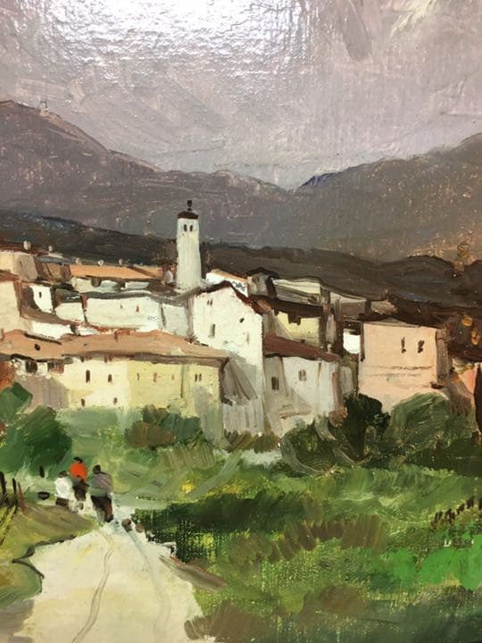 油絵肉筆画 イタリアの画家カンパリ 額縁付き銀色50センチ×43センチ