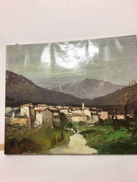 油絵肉筆画 イタリアの画家カンパリ 額縁付き銀色50センチ×43センチ