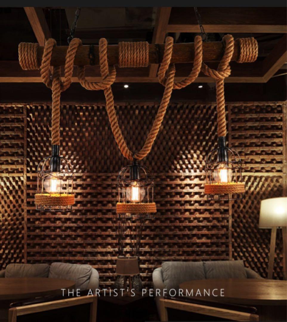 K*）様 LED電球付き ヴィンテージ風 3灯シャンデリア 木材・金属・ロープ製