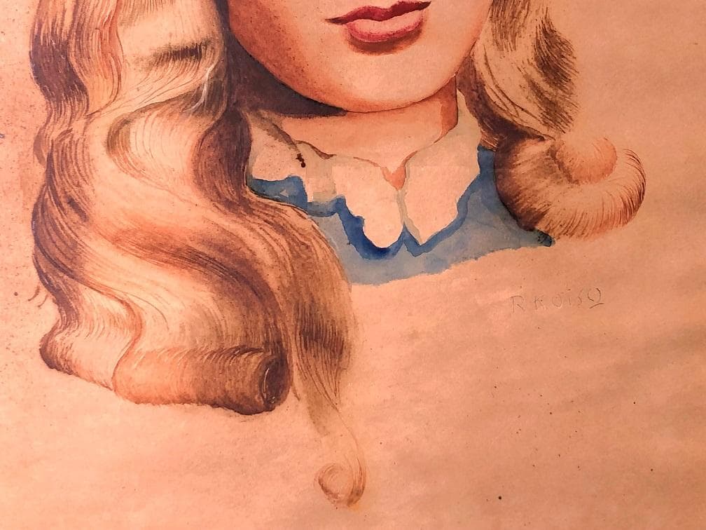 小磯良平 『ブロンド女性肖像画』　肉筆水彩　額装