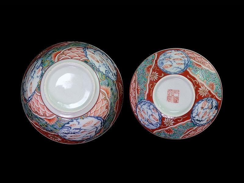 古伊万里　色絵　団龍紋　青海波に花の図　蓋茶碗　２客　D096AS-CWl