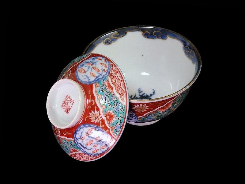 古伊万里　色絵　団龍紋　青海波に花の図　蓋茶碗　２客　D096AS-CWl