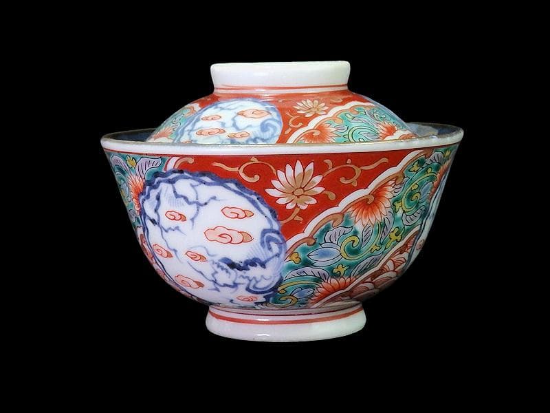 古伊万里　色絵　団龍紋　青海波に花の図　蓋茶碗　２客　D096AS-CWl