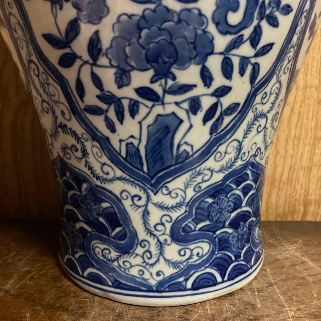 中国　染付　瓶　梅瓶　花鳥波之図　康熙年製銘