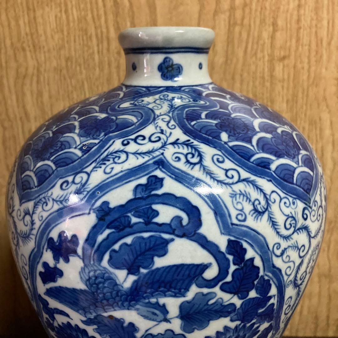 中国　染付　瓶　梅瓶　花鳥波之図　康熙年製銘