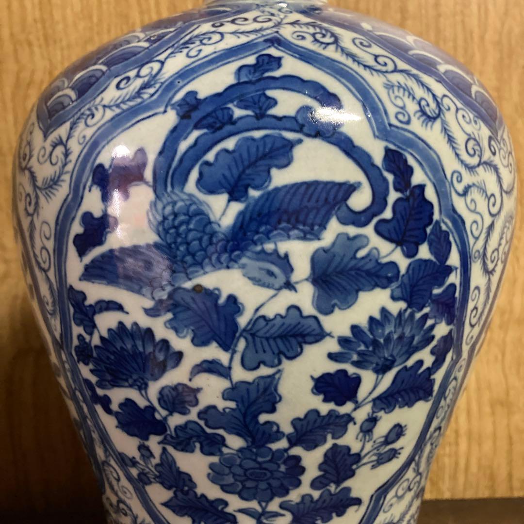 中国　染付　瓶　梅瓶　花鳥波之図　康熙年製銘