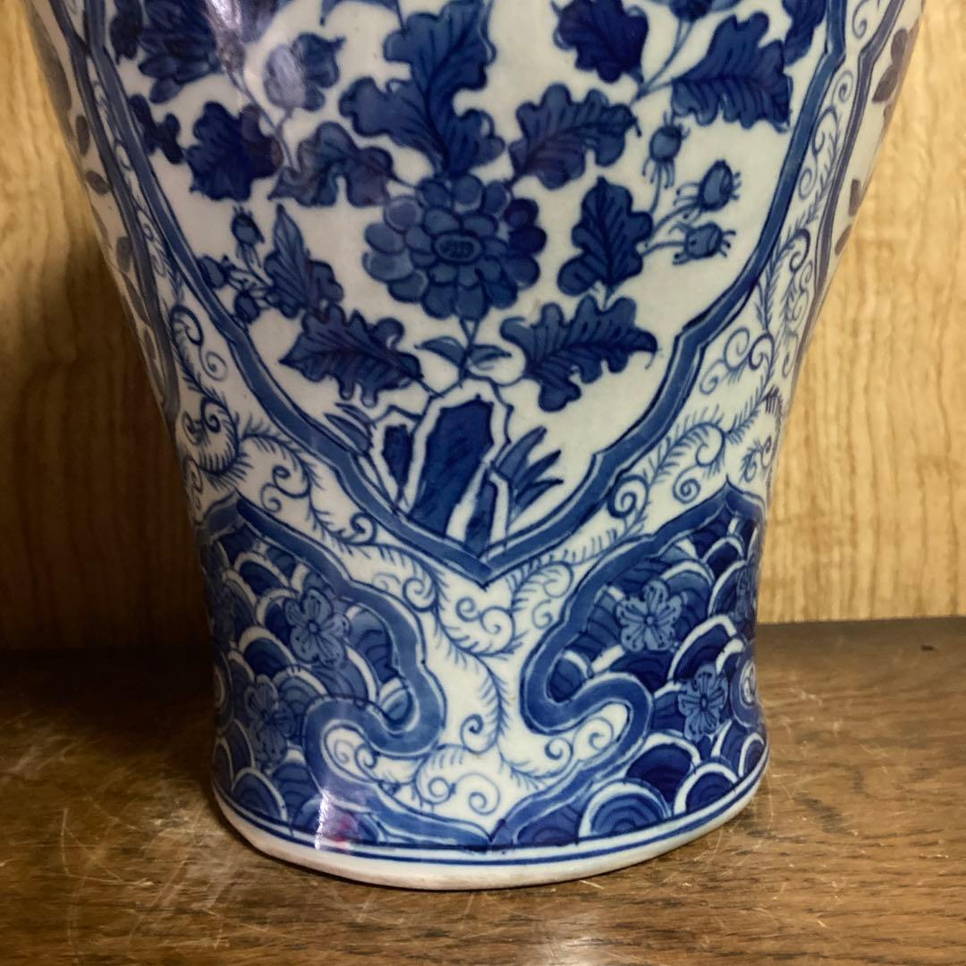 中国　染付　瓶　梅瓶　花鳥波之図　康熙年製銘