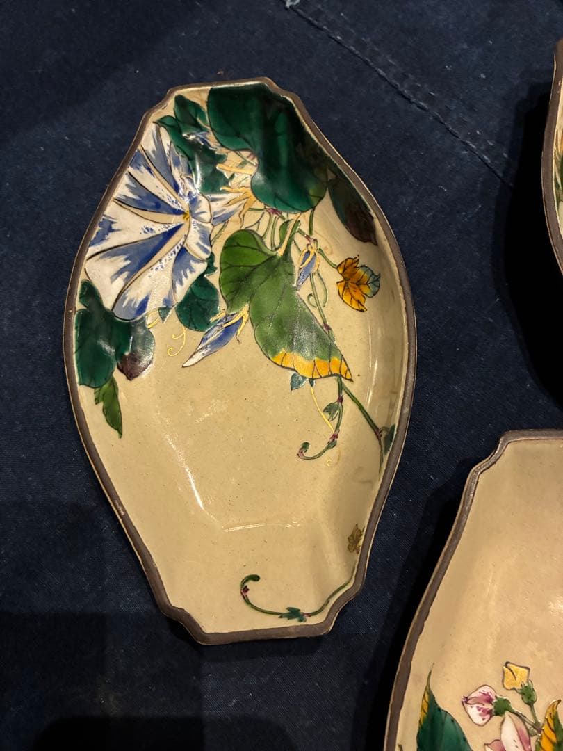 九谷焼　青手　絵がわり　菱皿　5枚　手描き　金彩　古手 傷無し　古九谷写