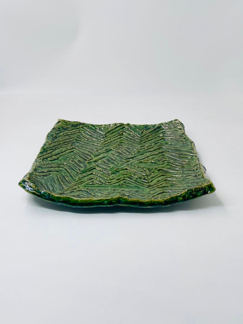 【翔武窯】織部　四方皿　道場六三郎デザイン　角皿　桐共箱　美品　限定　27.5㎝