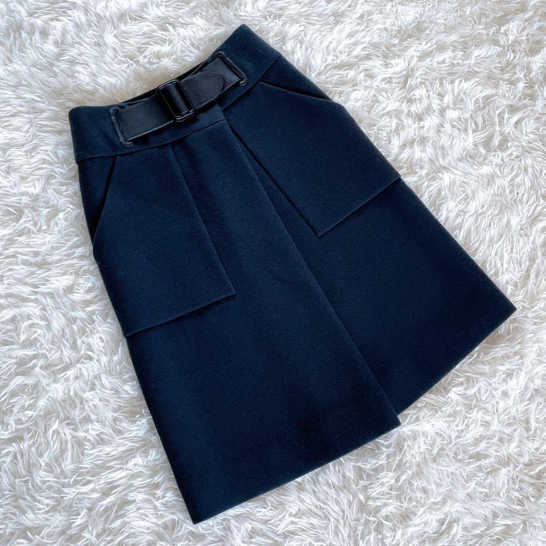 美品✨希少【エルメス】ウールアンゴラ ビッグベルトラップスカート ブラック 36