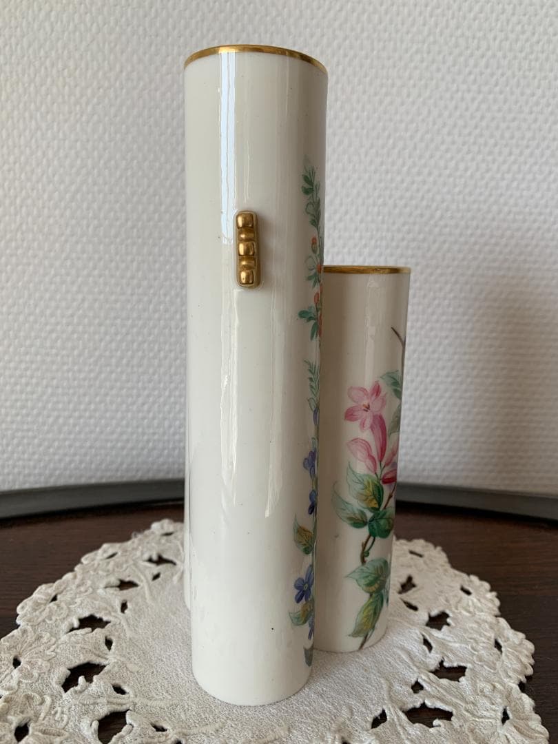 ✨特別価格✨ロイヤルウースター金彩耳付き花鳥文様3連管の花瓶　英国アンティーク