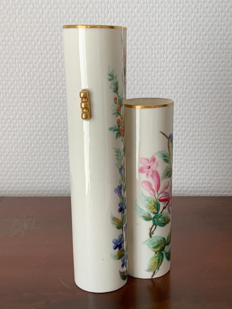 ✨特別価格✨ロイヤルウースター金彩耳付き花鳥文様3連管の花瓶　英国アンティーク