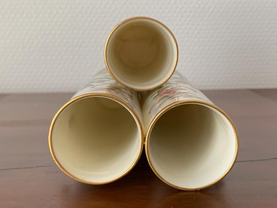 ✨特別価格✨ロイヤルウースター金彩耳付き花鳥文様3連管の花瓶　英国アンティーク