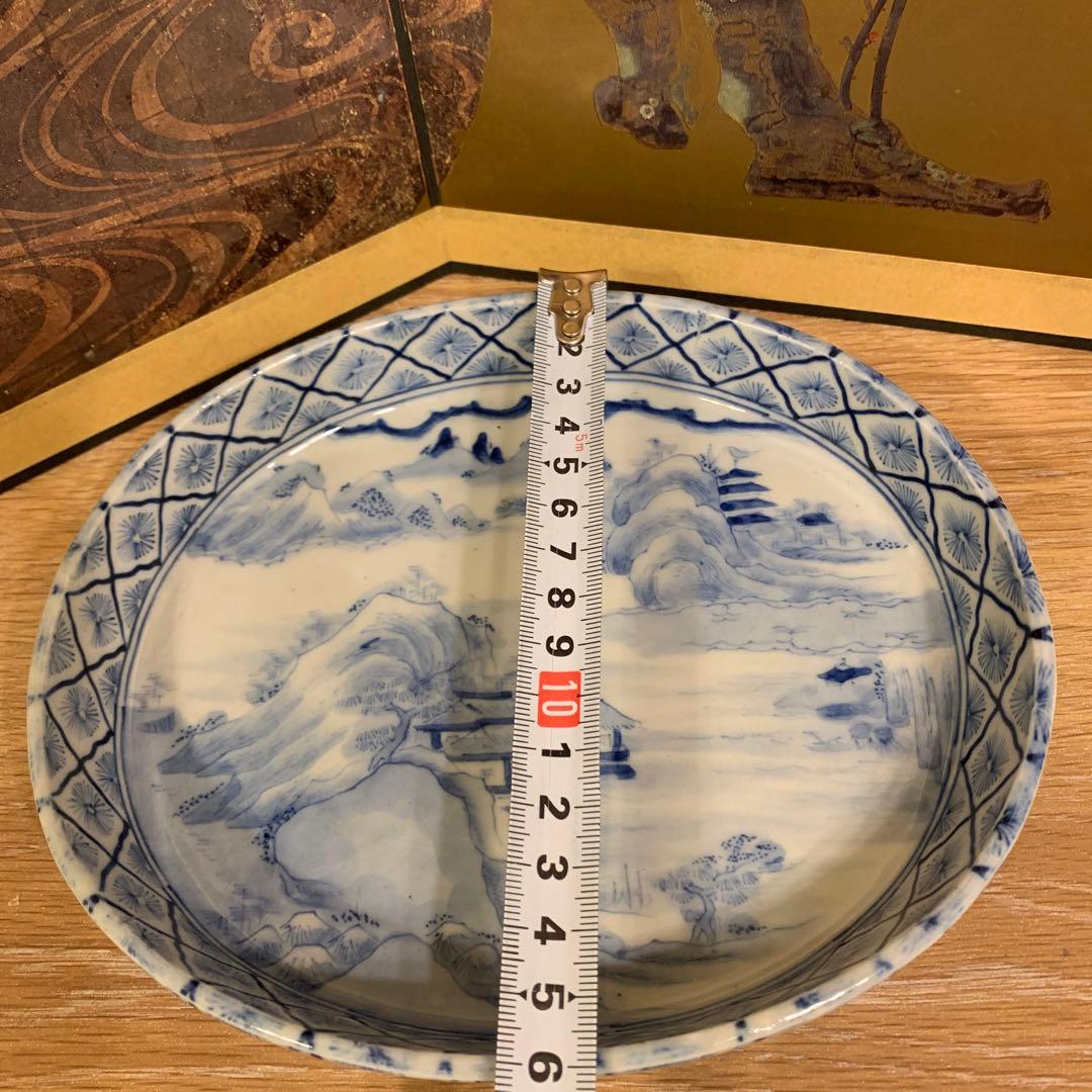 アンティーク　中国美術　極密画工　山水染付皿　1客