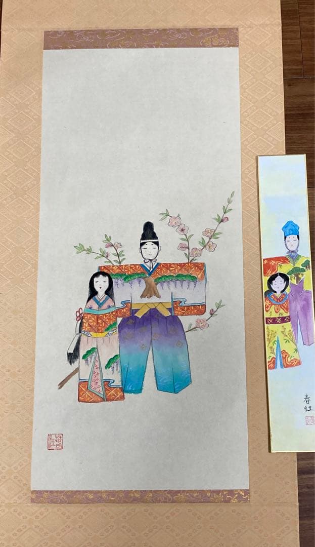 望月春江 真作　掛軸 短冊　めおと雛　桃の節句　雛祭りに　 肉筆 日本画