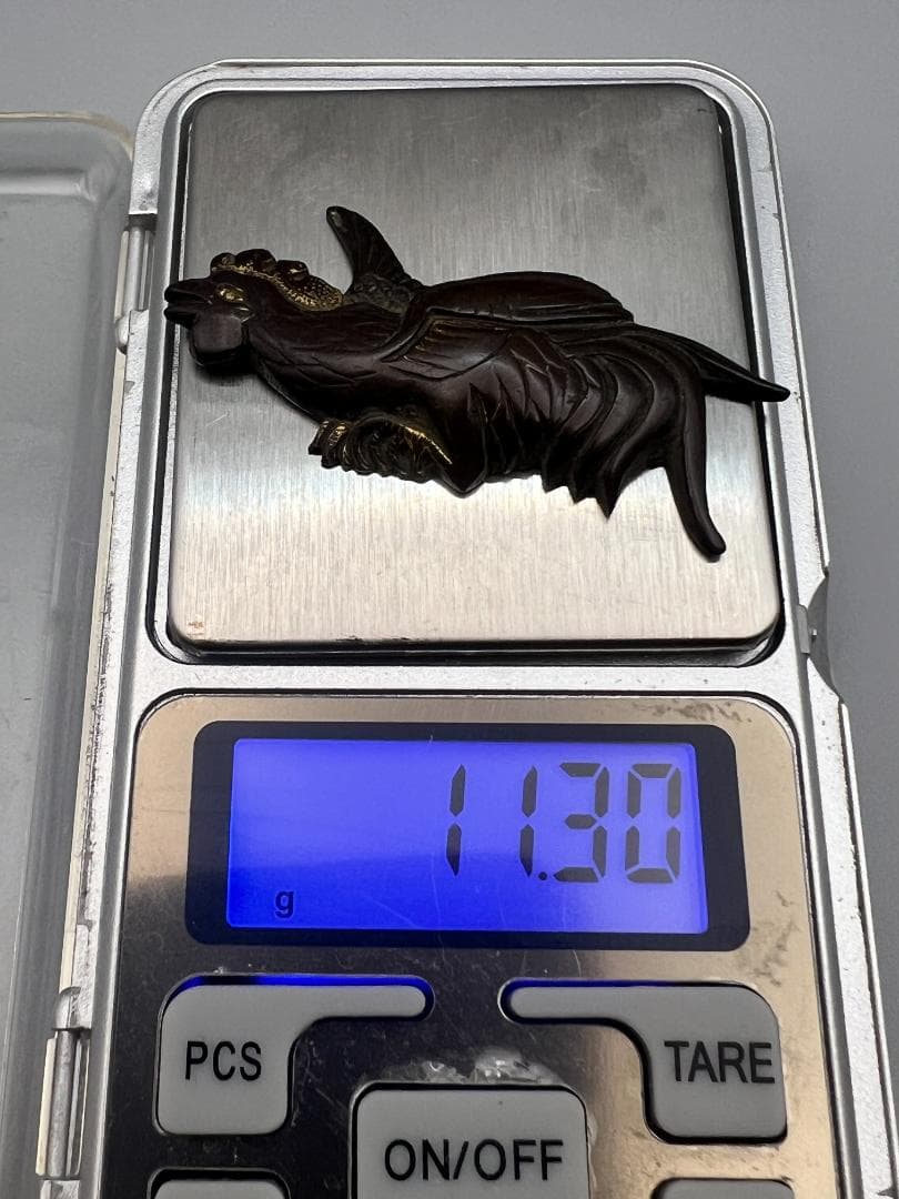 【海】江戸明治期　雄鶏形　ニワトリ　手彫　大目貫　金具　銅製鍍金　骨董品