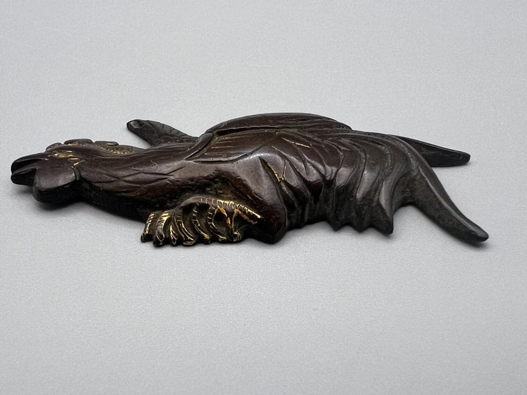 【海】江戸明治期　雄鶏形　ニワトリ　手彫　大目貫　金具　銅製鍍金　骨董品