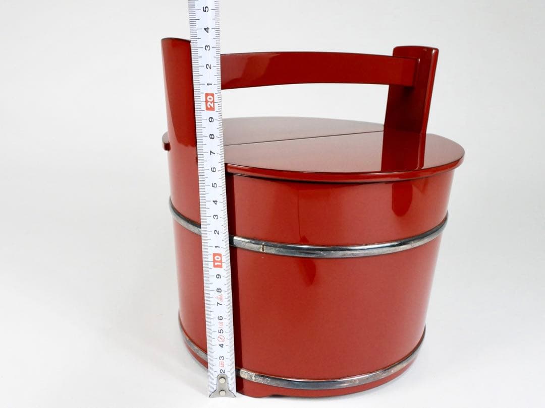 木製　輪島塗　銀輪線　朱漆塗り　手桶水指　共箱　茶道具