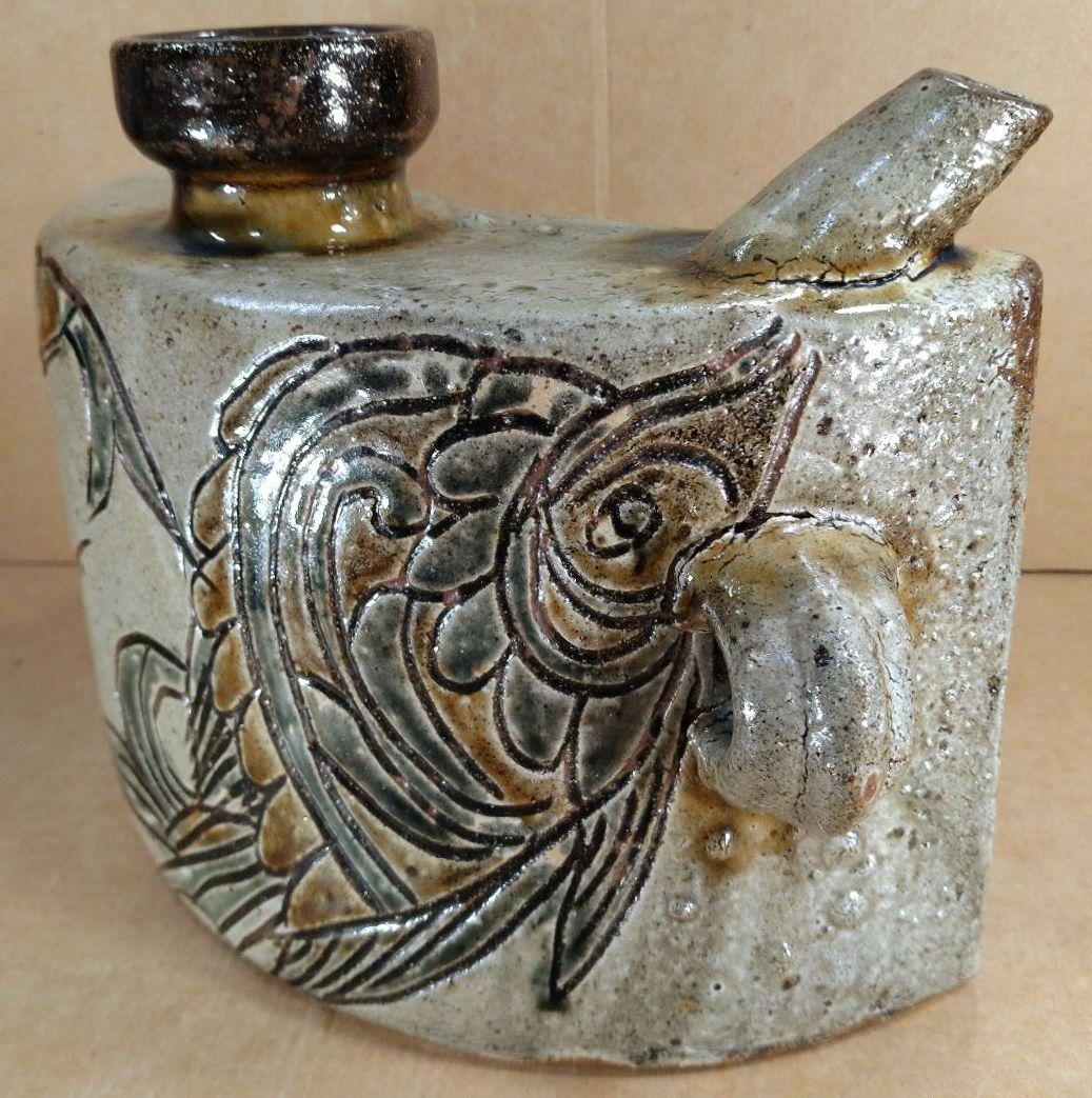 【本物保証】金城次郎 海老魚紋抱瓶 共箱 栞 ｗ28㎝超 壷屋焼 人間国宝 無傷