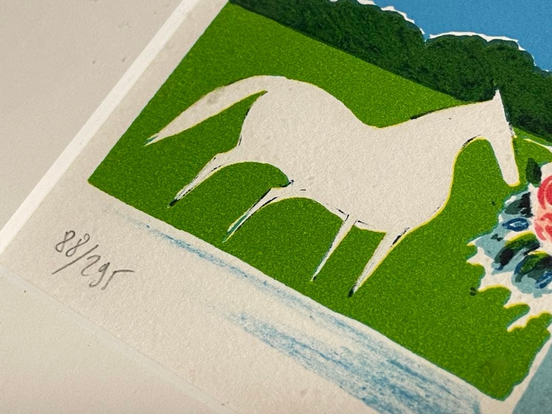 リトグラフ　版画　セルジュ・ラシス　/antique 英国　薔薇　白馬　縁起物