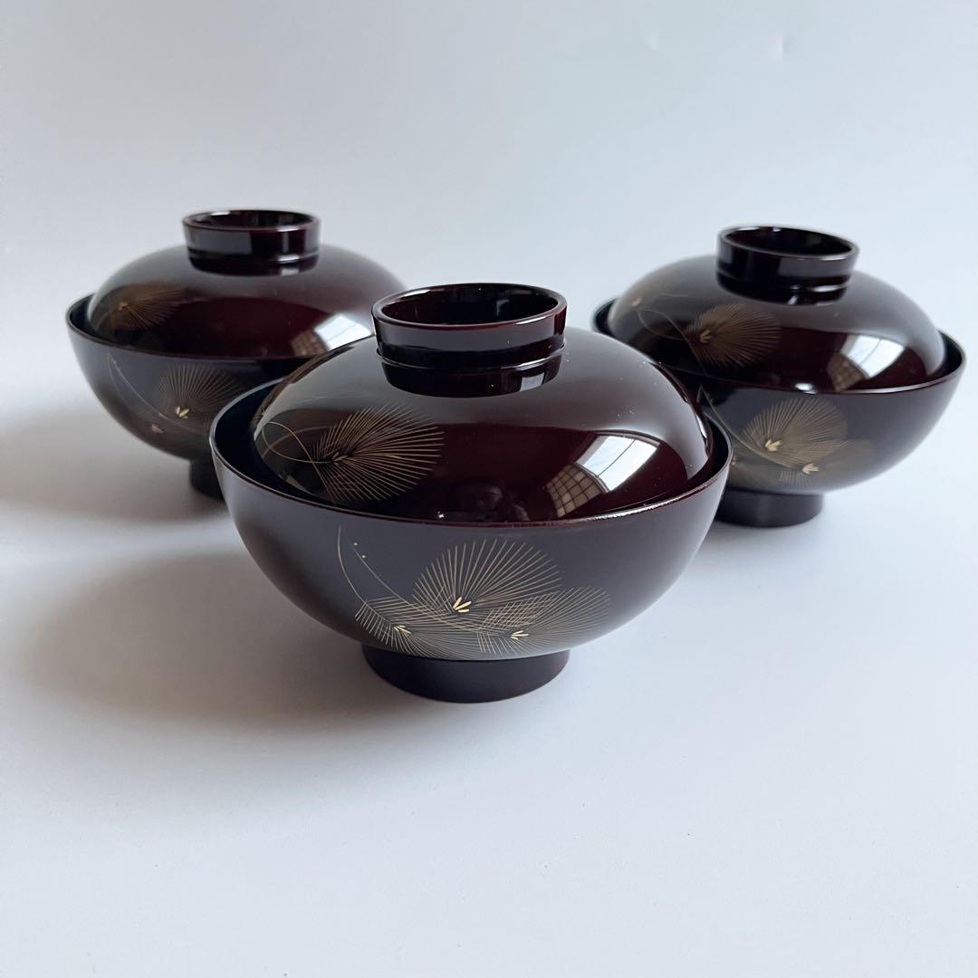 未使用【越前漆器　御吸物椀】×3客　天然木製　漆 共箱　御雑煮椀　飛花吸物椀