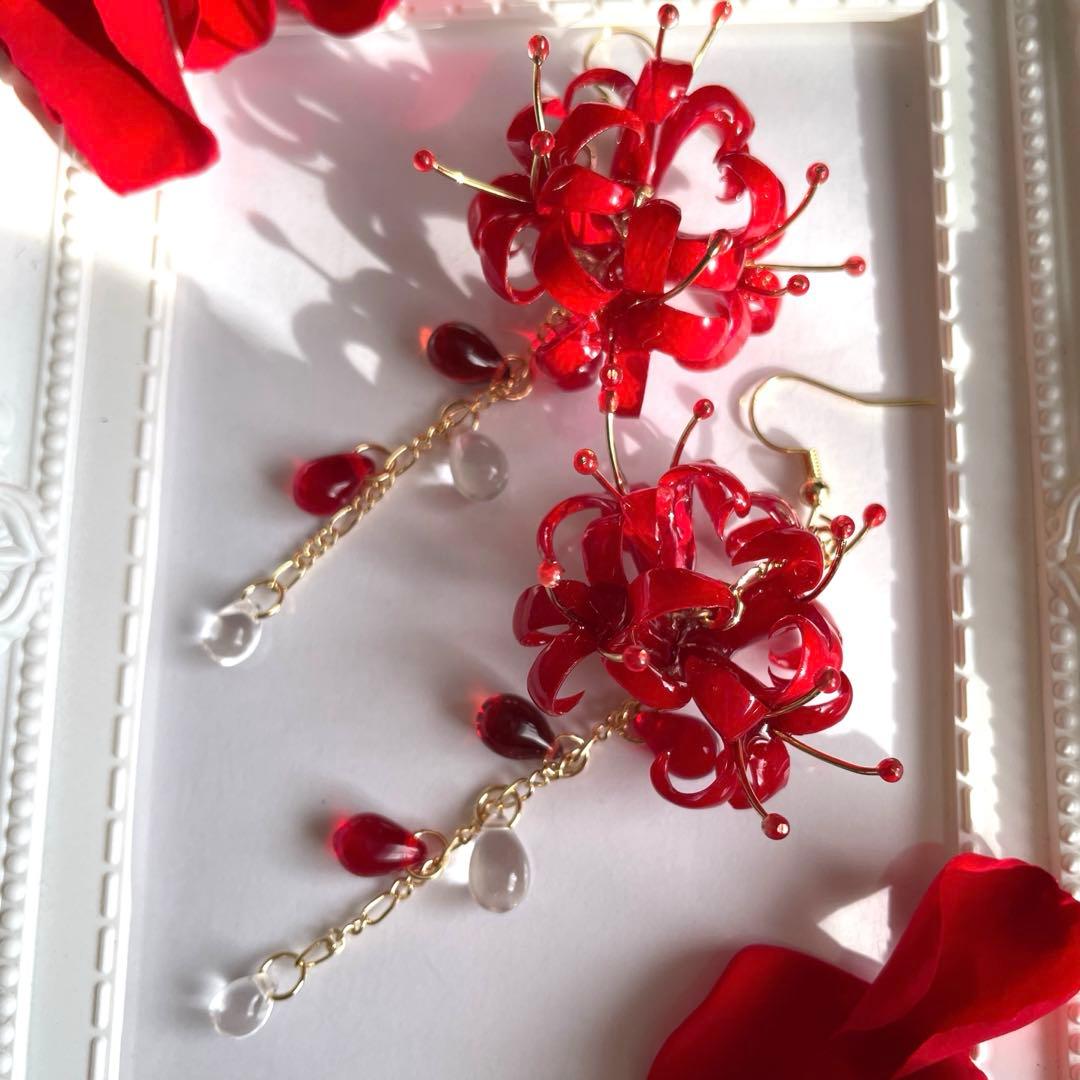 りん5　　イヤリング3点　彼岸花4輪　赤　彼岸花4輪　青　　紫陽花ロング